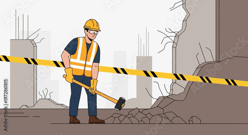 Construction Worker Demolishing Concrete Wall with Sledgehammer, Site Renovation Illustration
