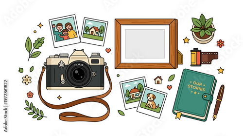 Flat Lay Illustration of Vintage SLR Camera, Polaroid Photos, Picture Frame and Memory Notebook for Storytelling and Family Nostalgia