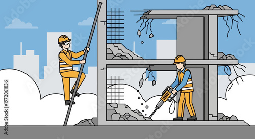 Construction Workers Demolishing Building at Urban Construction Site, Flat Vector Illustration