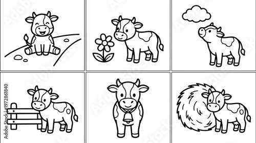 Black and white line art cute cow with flower haybell and fence set