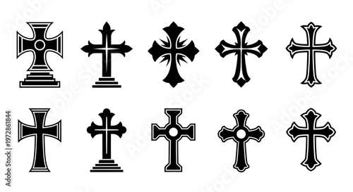 Collection of Black and White Cross Icons in Various Styles.