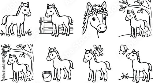 Black and white line art horse with flower crown and nature scenes vector set
