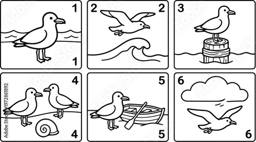 Seagulls with sea wave shell boat and cloud