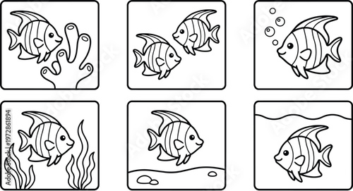 Striped angelfish with underwater coral seaweed and bubbles