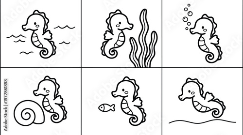 Black and white line art seahorse with seaweed fish bubbles and shell set