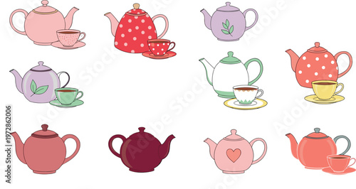 Set of cute teapots and teacups with pastel colors and decorative patterns, charming tea set collection for kitchen, cafe, and cozy beverage design