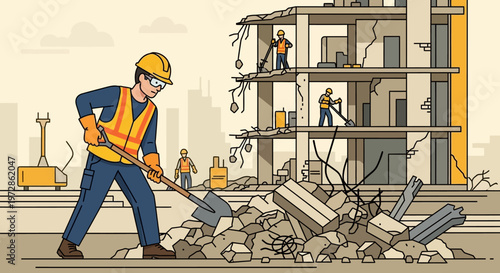 Construction Workers in Safety Gear Clearing Rubble at a Demolition Site, Urban Building Renovation Flat Vector Illustration