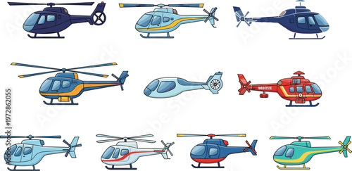 Set of helicopter illustrations in different styles and colors, aviation aircraft collection including rescue and transport choppers for transport, emergency, and aviation design
