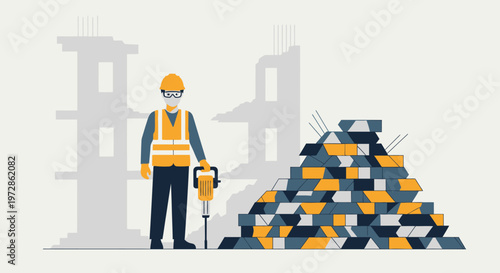 Construction Worker with Jackhammer at Demolition Site Vector Illustration