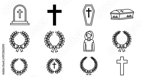 Collection of graves, crosses, wreaths, and coffins at a cemetery showing funeral ritual elements.