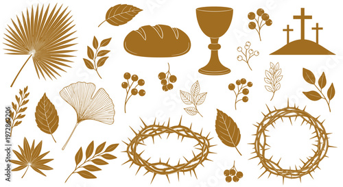 Sacred Christian symbols such as bread, wine, cross, wreaths, and thorns arranged in a devotional composition for worship and ritual meaning.