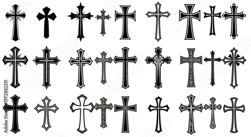 Grid of assorted Christian crosses forming a monochrome symbolic display across a patterned arrangement.