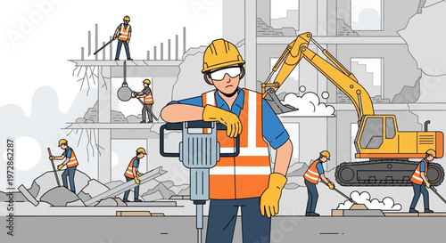 Construction Site Demolition Scene with Workers, Heavy Machinery, Excavator and Jackhammer, Flat Vector Illustration for Industrial and Urban Renewal Concepts