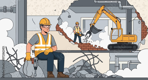 Professional Construction Workers and Excavator Demolishing Building Structure, Flat Line Vector Illustration for Industry and Renovation Concepts