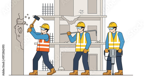 Construction Workers Team Performing Demolition and Renovation Work with Heavy Tools Flat Line Illustration