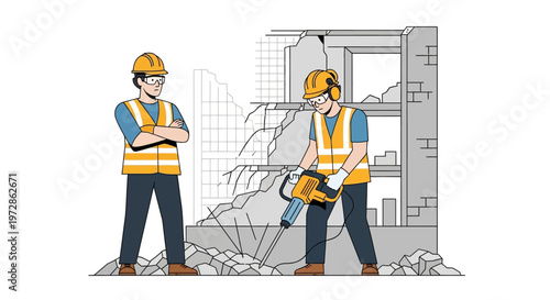Construction Workers Performing Demolition with Jackhammer at Building Site Illustration