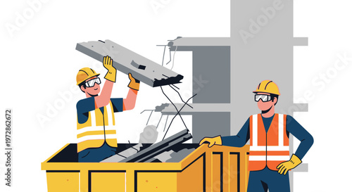 Construction workers in safety gear clearing concrete debris and building rubble into a yellow dumpster at a demolition site