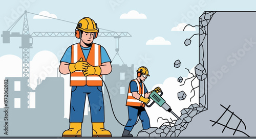 Construction Workers Using Jackhammer to Demolish Wall at Building Site Illustration. Professional Industrial Labor and Renovation Concept with PPE and Safety Gear.