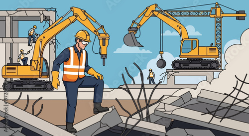 Industrial Demolition Site Illustration with Construction Workers, Heavy Machinery, Excavator, Crane, and Concrete Rubble for Urban Development and Renewal