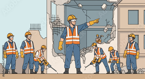 Construction Crew and Foreman Working at Building Demolition Site Illustration