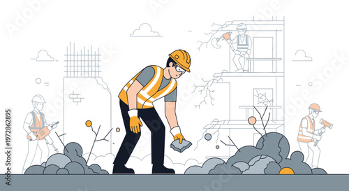 Construction Workers Cleaning Debris and Demolishing Building Structure at Urban Renovation Site Illustration