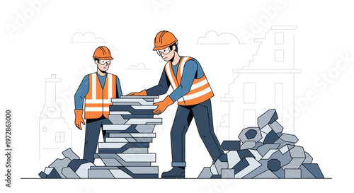 Construction Workers Clearing Debris and Stacking Concrete Slabs at a Demolition Site Illustration