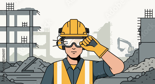 Professional Construction Worker Wearing Safety Gear PPE Including Hard Hat and Goggles at a Demolition Building Site Illustration