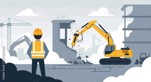 Building Demolition Site Illustration with Yellow Excavator, Hydraulic Breaker, and Construction Worker in Safety Gear