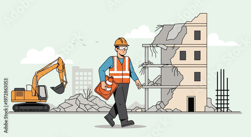 Construction Worker Walking at Demolition Site with Excavator and Ruined Building Vector Illustration - Urban Development and Reconstruction Concept