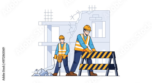 Construction Workers at Demolition Site Using Jackhammer and Safety Barriers Vector Illustration