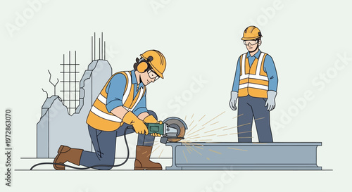 Construction Workers with Safety Gear Cutting Steel Beam using Angle Grinder on Building Site Illustration