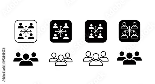 Group of people icons and silhouettes representing teamwork, collaboration, and social interaction in a shared space.