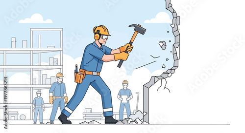 Construction Worker Breaking a Wall with a Sledgehammer, Demolition and Renovation Concept Vector Illustration