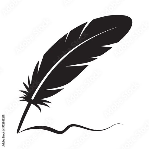 A simple black silhouette of a single feather on a white background