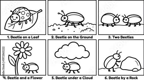 Black and white line art beetle scenes with leaf flower cloud and rock illustrations