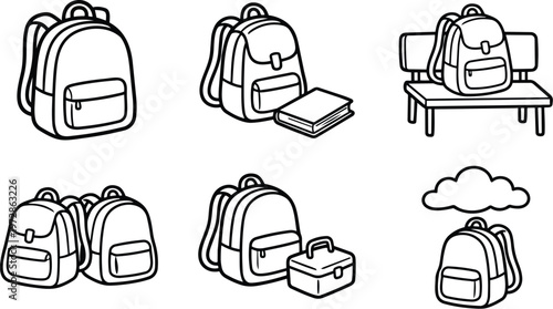 Black and white line art school backpacks with book lunchbox bench and cloud