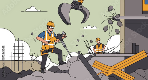 Demolition Crew Working on Building Site with Jackhammer and Excavator Machinery Flat Vector Illustration