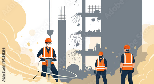 Construction Workers at Building Demolition Site with Jackhammer and Safety Gear, Professional Vector Illustration for Industrial Safety and Urban Renewal Projects