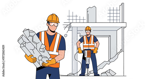 Construction Workers Demolishing Concrete Building with Jackhammer and Carrying Debris Vector Illustration, Industrial Site Maintenance and Safety Gear