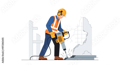 Construction Worker Using Pneumatic Jackhammer for Concrete Demolition Vector Illustration. Industrial Professional in Safety Gear Working on Infrastructure Project.