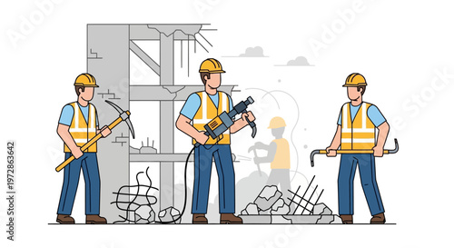 Demolition Construction Workers Team with Jackhammer, Pickaxe, and Crowbar at Building Renovation Site - Flat Vector Illustration