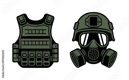 A tactical vest and gas mask.