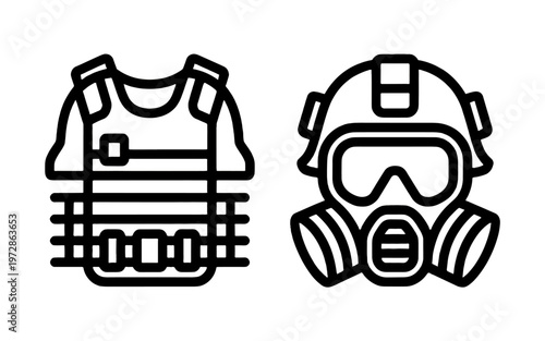 Protective gear icons - a gas mask and a bulletproof vest.