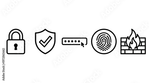 Cybersecurity icons including lock, shield, password, fingerprint, and firewall