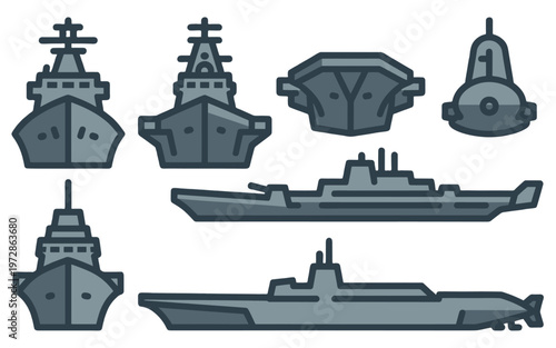 An assortment of naval vessels and warships in illustration.