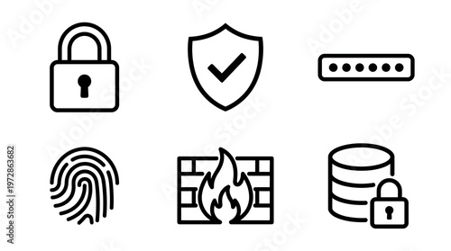 cybersecurity icons including lock, shield, password, fingerprint, firewall, and secure data storage