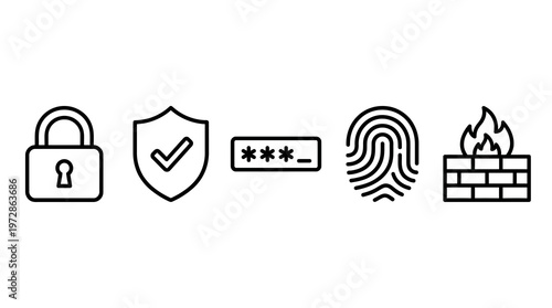 Cybersecurity icons including lock, shield, password, fingerprint, and firewall
