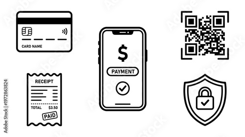 Mobile payment icons with credit card, receipt, and secure shield