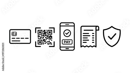 Mobile payment icons including credit card, QR code, smartphone with pay button, receipt, and shield with checkmark for secure transactions