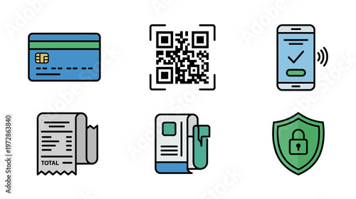 Digital payment icons including credit card, QR code, mobile phone, receipt, file, and secure lock